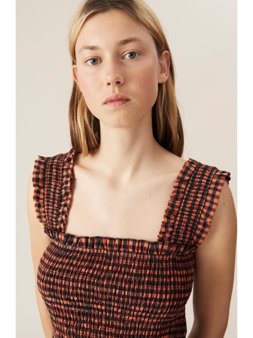 NEW Ganni Seersucker Check Dress Flame 40 - Picture 4 of 17